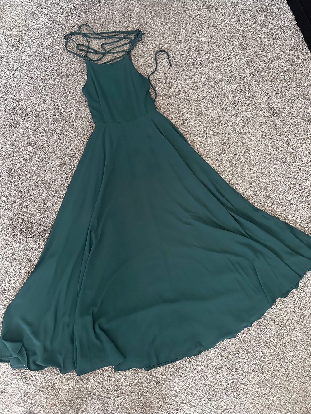 Lulu’s Forest Green Lace up back Maxi dress, A-Line Formal Bridesmaids Gown Sml